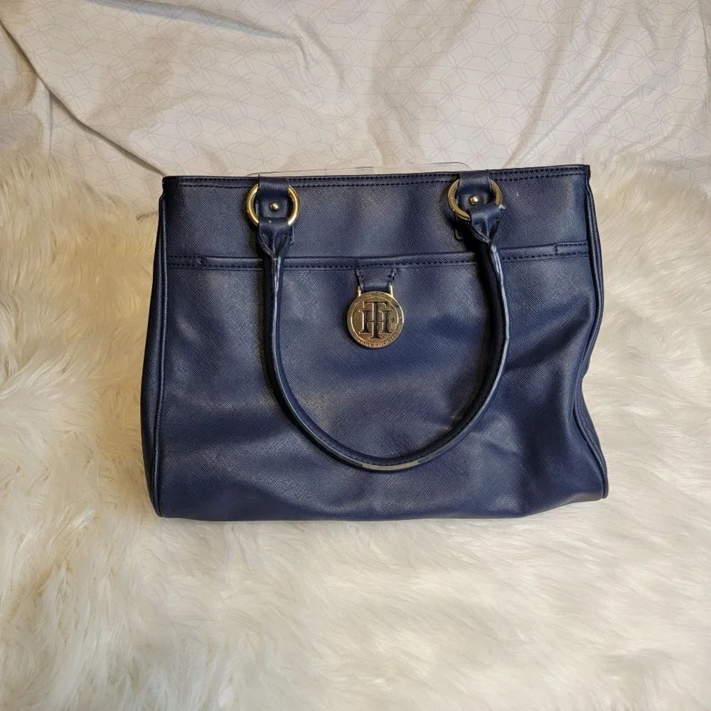 TOMMY Hilfiger Navy Blue Gold Accents Shoulder Purse Classic Structured‎ Handbag